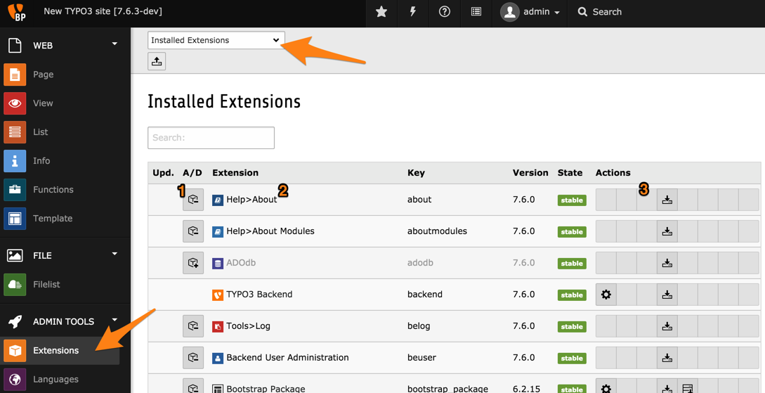 Gestionnaire d'extensions TYPO3 CMS