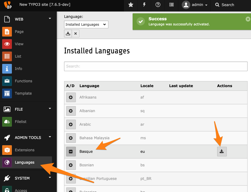 Le module backend d'administration des langues