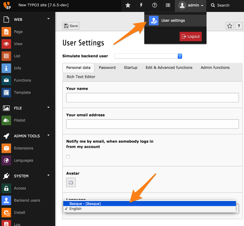 Changer la langue de l'interface pour l'utilisateur actuel