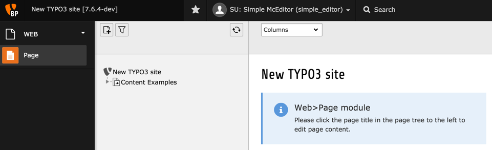 La vue backend pour l'utilisateur "simple\_editor"