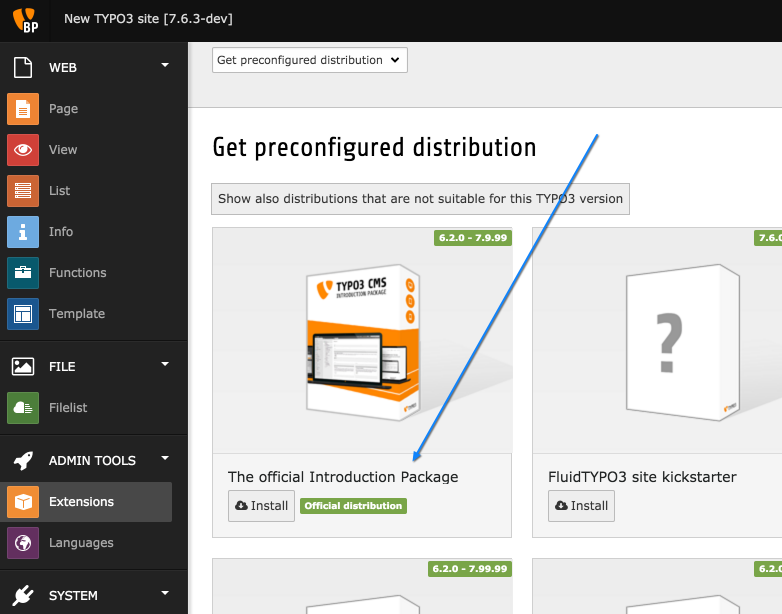 Installation du paquet d'introduction de TYPO3 CMS