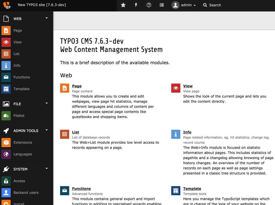 TYPO3 CMS backend Overview with the About Modules screen