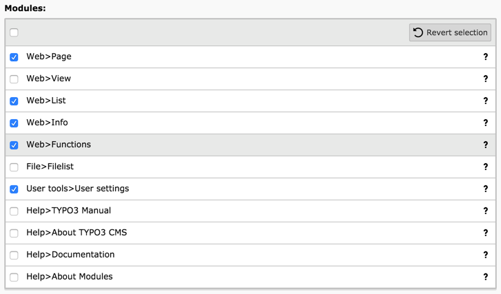 Choosing modules for the backend user group