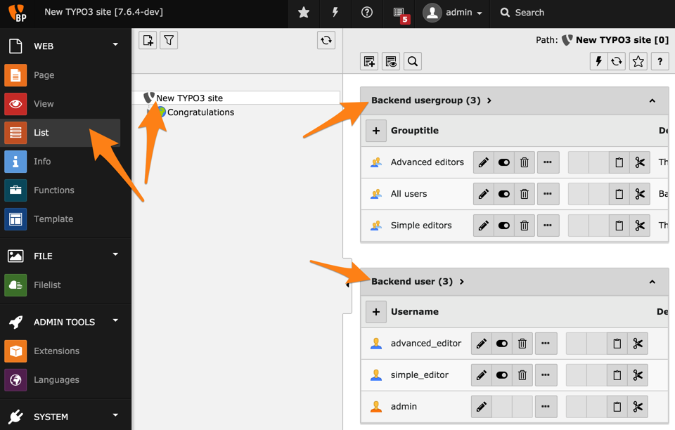 Viewing backend users in the List module