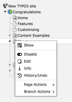 Page tree with opened context menu