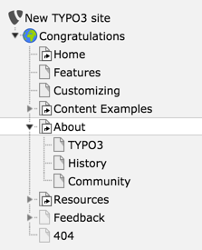 The page tree with the "About" page expanded