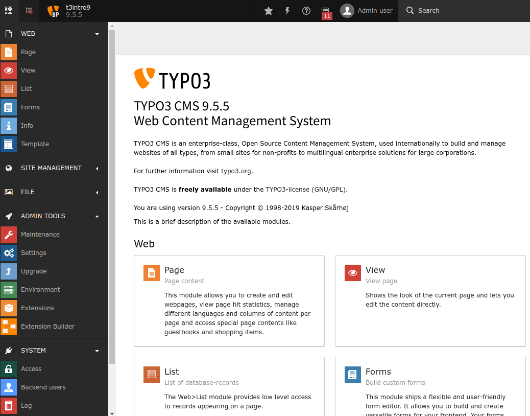 TYPO3 CMS backend Overview with the About Modules screen