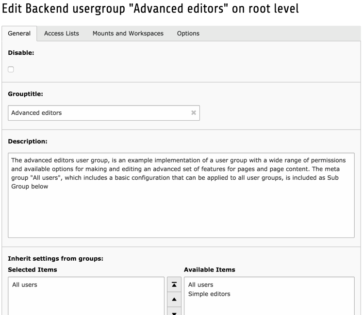 Content of the "General" tab when editing a backend user group