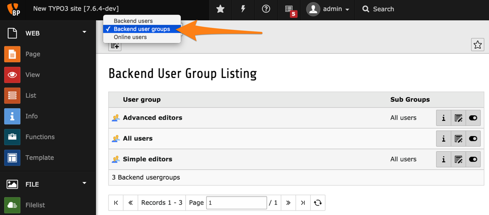 Viewing groups in the Backend Users module