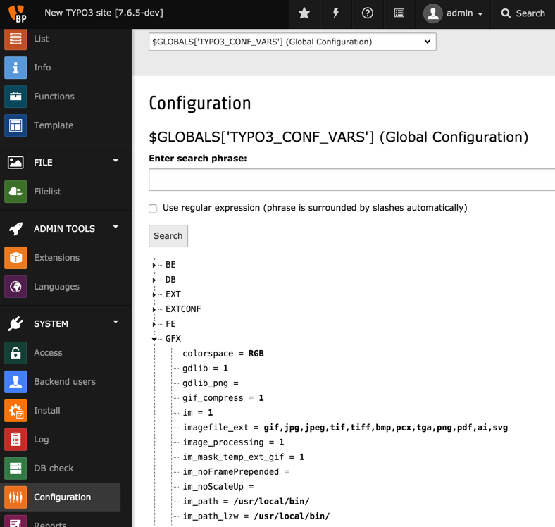 The Configuration module showing the global configuration array