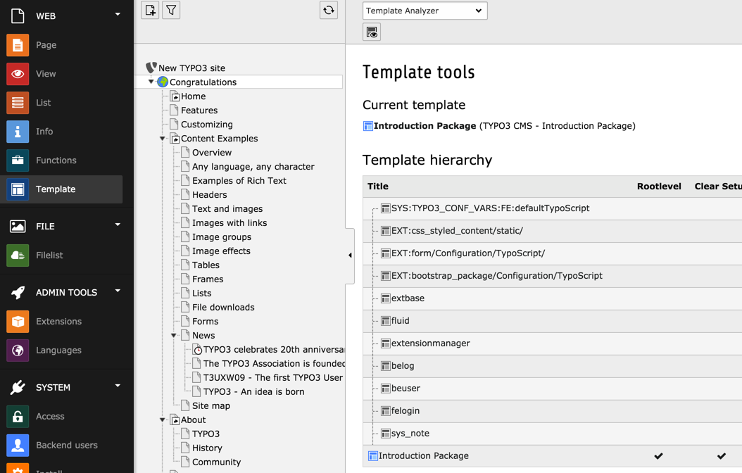 The Template module showing the hierarchy of TypoScript templates