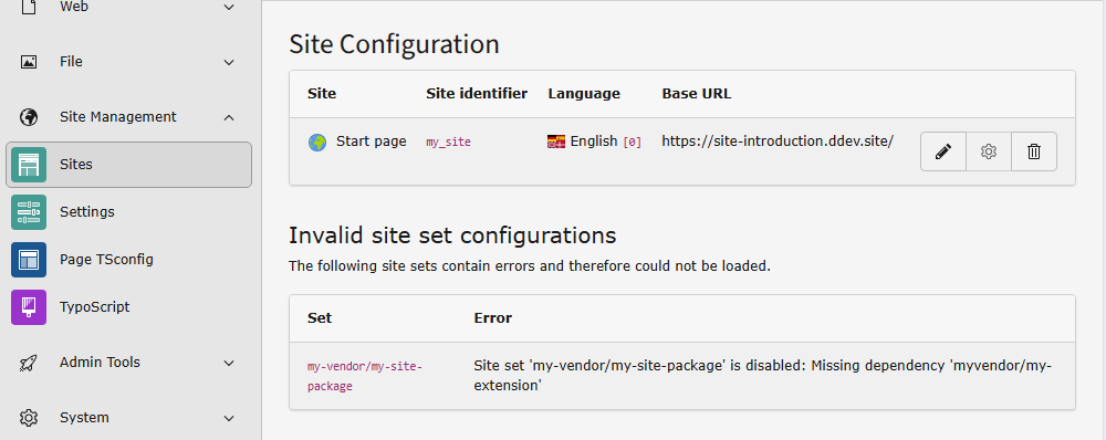 Screenshot of the "Site Configuration" module with an invalid site set displayed