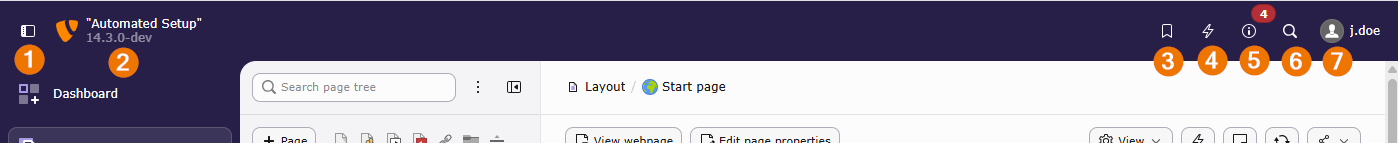 Screenshot of the TYPO3 backend top bars with the icons described bellow labeled