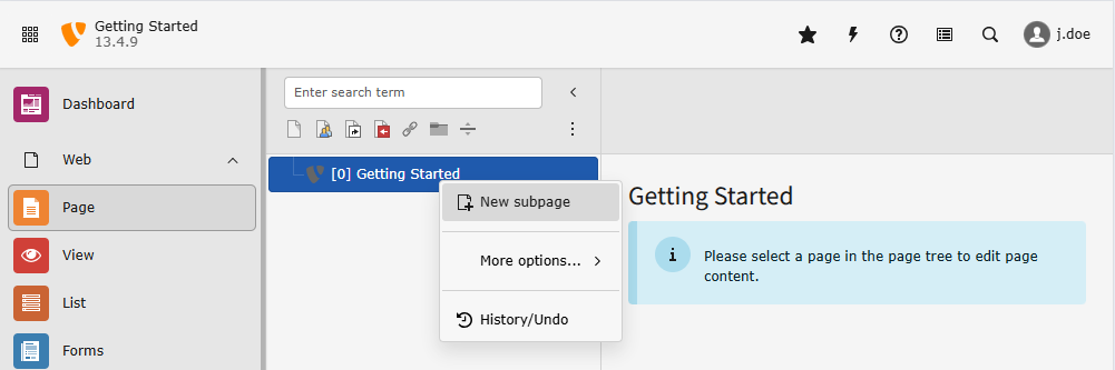 The "Page" module in the TYPO3 backend with a context menu to create a new page