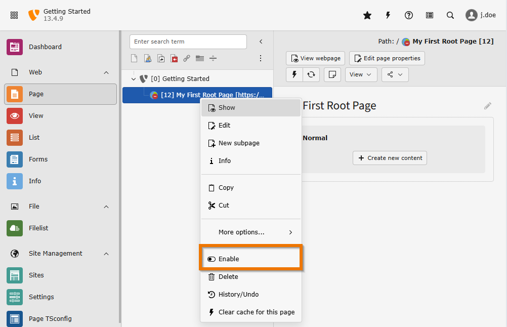 A disabled root page and its context menu