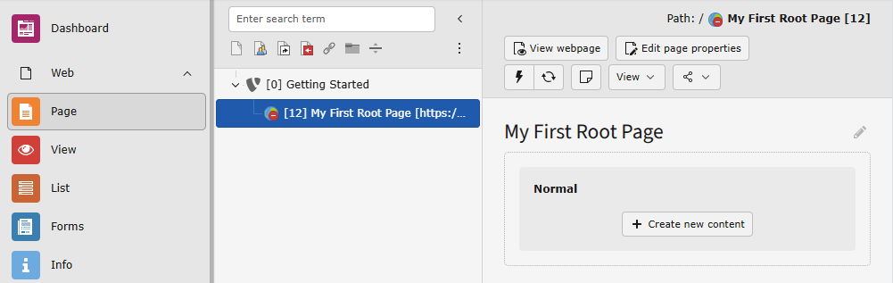 Backend module "Page" with a newly created but still disabled root page