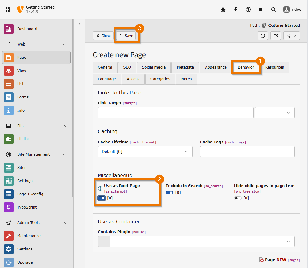 Page properties, tab "Behaviour", highlighting the "Use as root page"