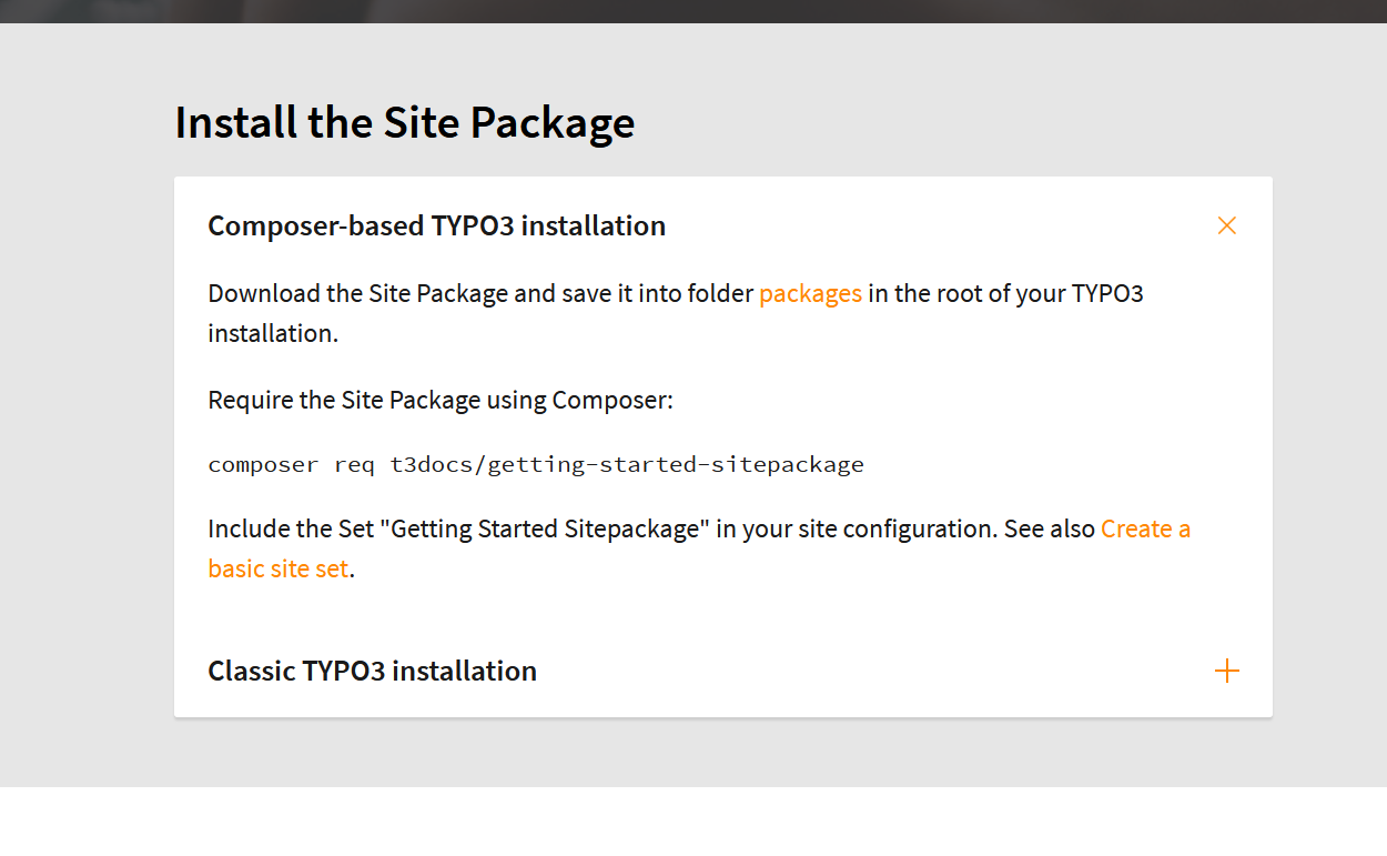 Screenshot of the site package builder at get.typo3.org demonstrating the installation steps
