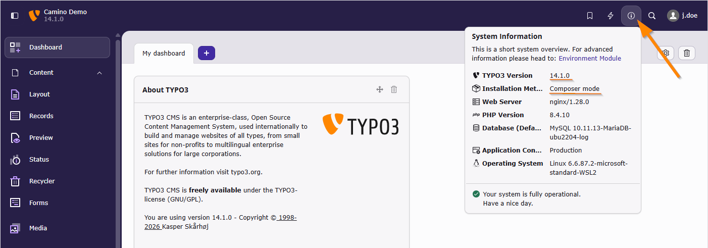 Screenshot of the backend of a fresh TYPO3 v14.1 installation, with the system information window open