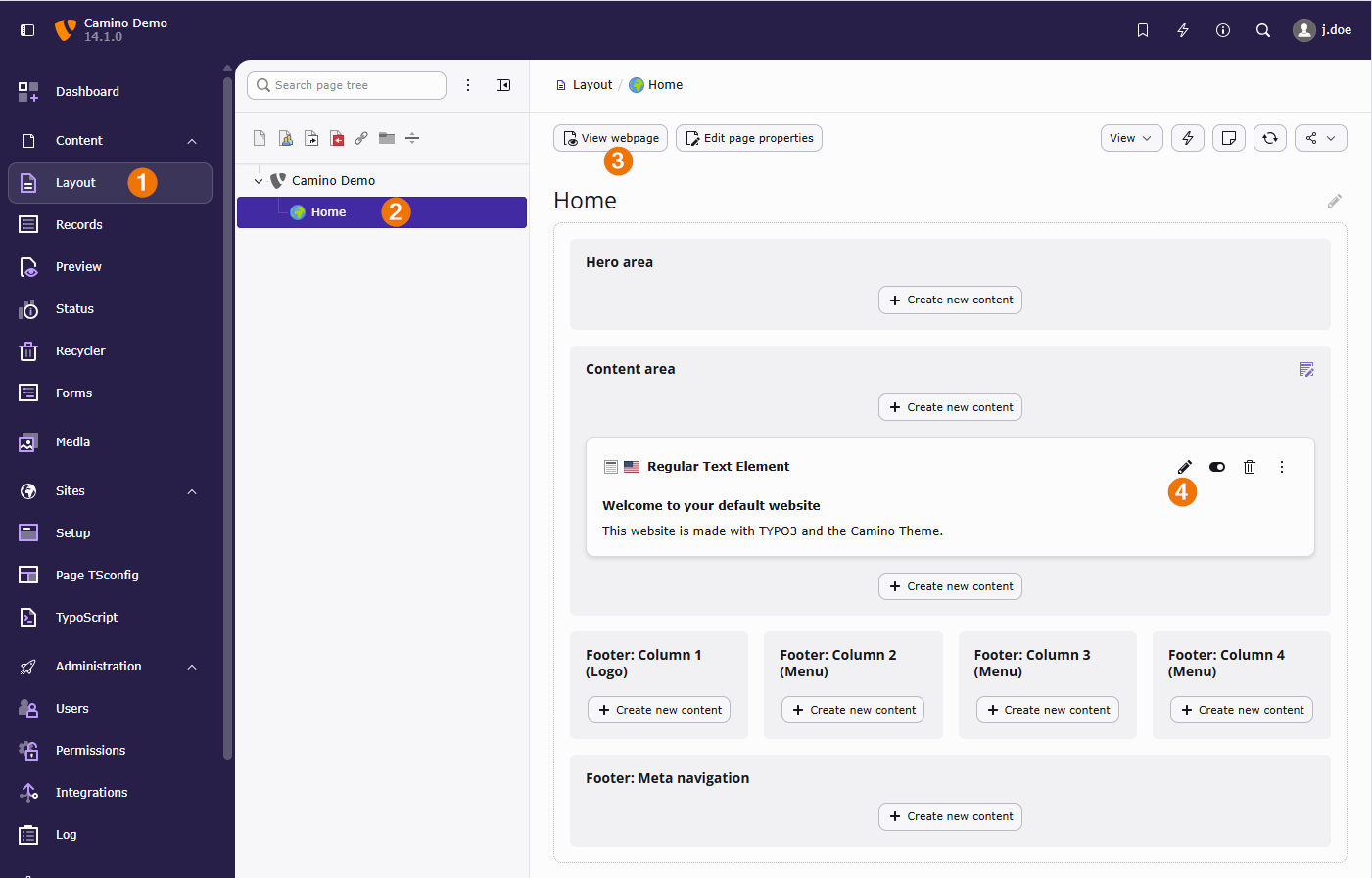 Screenshot of the "Layout" module, containing the automatically created page