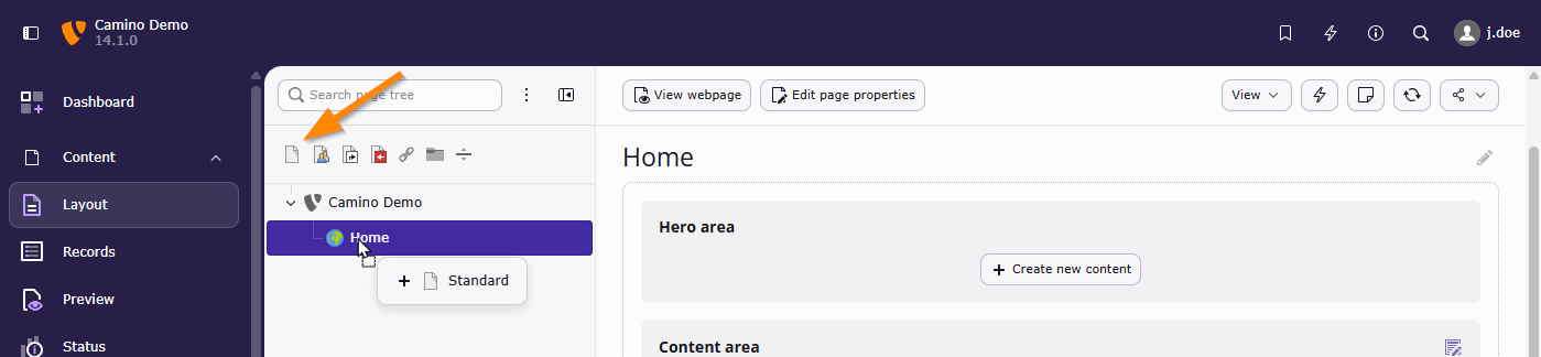 Screenshot of the page tree while a new standard page is added via drag and drop