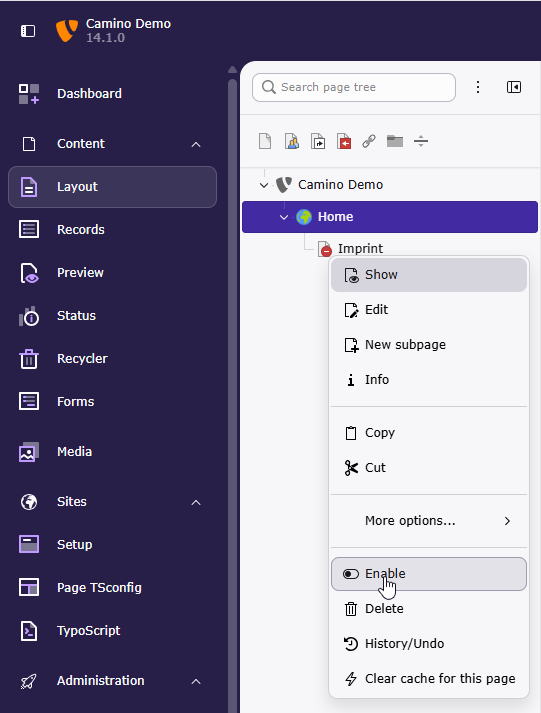 Screenshot of the page tree showing a newly added page being enabled