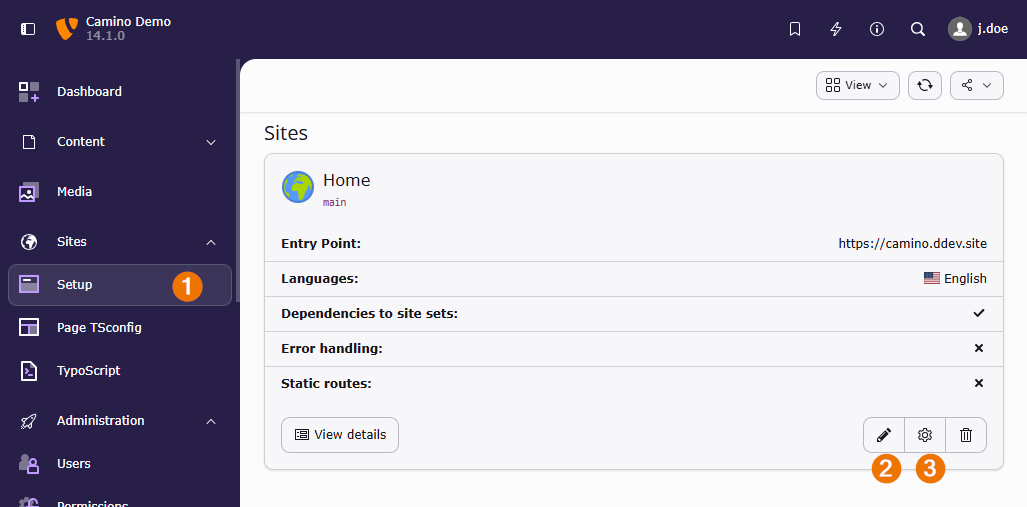 Screenshot of the "Sites > Setup" module in overview