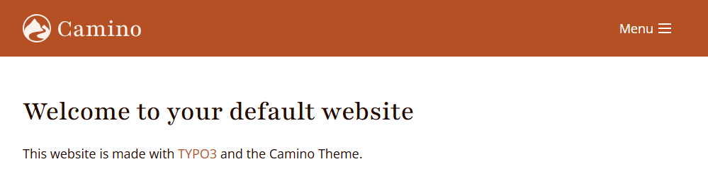 Frontend screenshot of a website using the default theme "Camino" with text "Welcome to your default website"