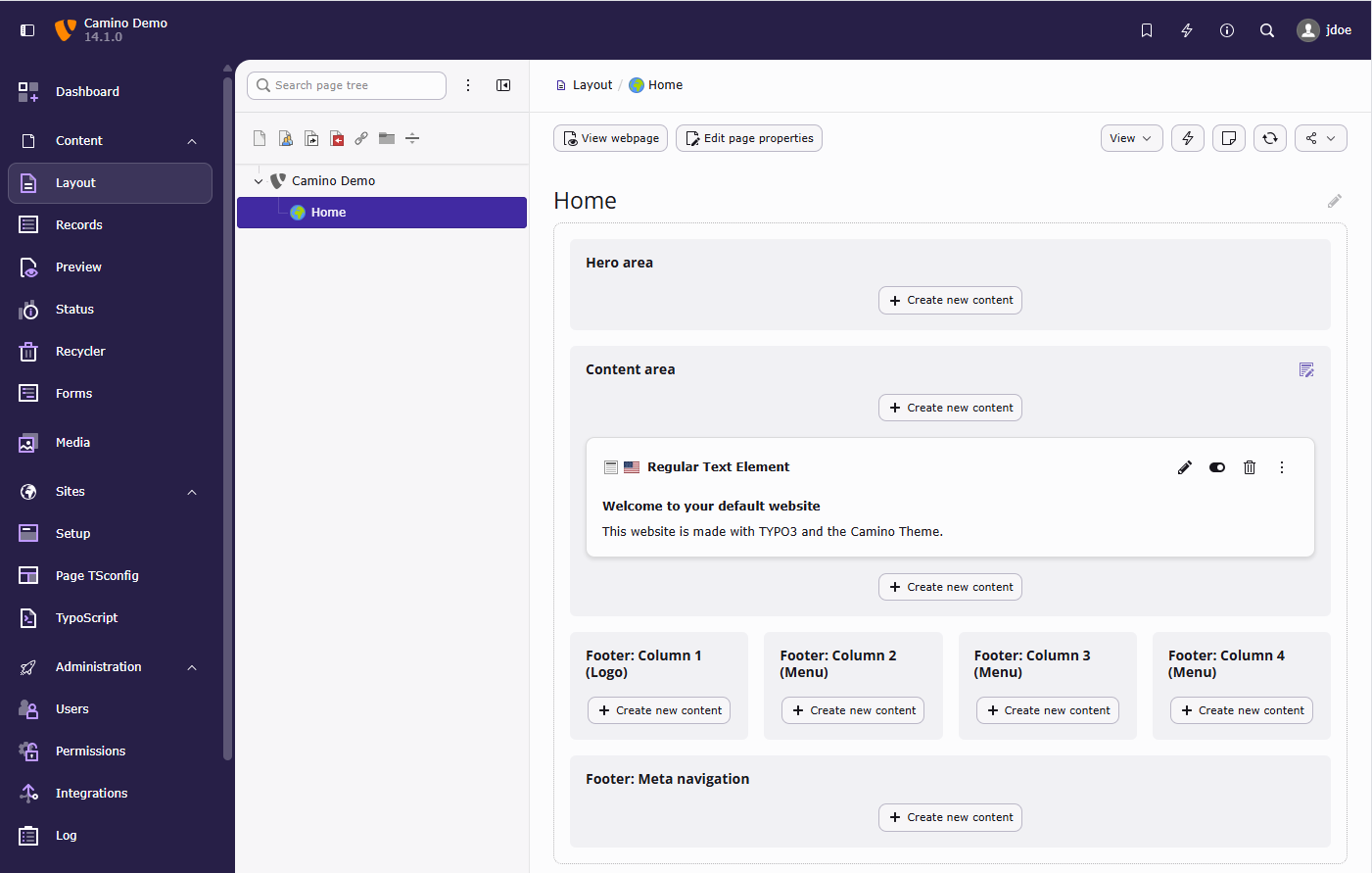 Backend screenshot of a freshly installed TYPO3 installation, demonstrating the Camino theme with its content areas in the "Content > Layout" module