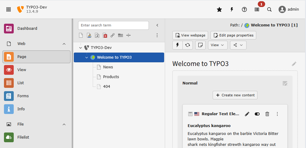 TYPO3 Backend of a project created with the GitLab Template