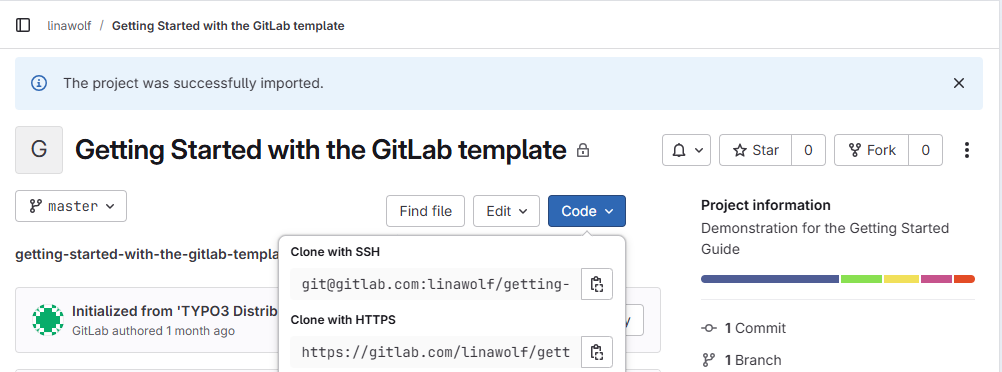 Screenshot demonstration the location of the Code button where you can copy the Clone with SSH link