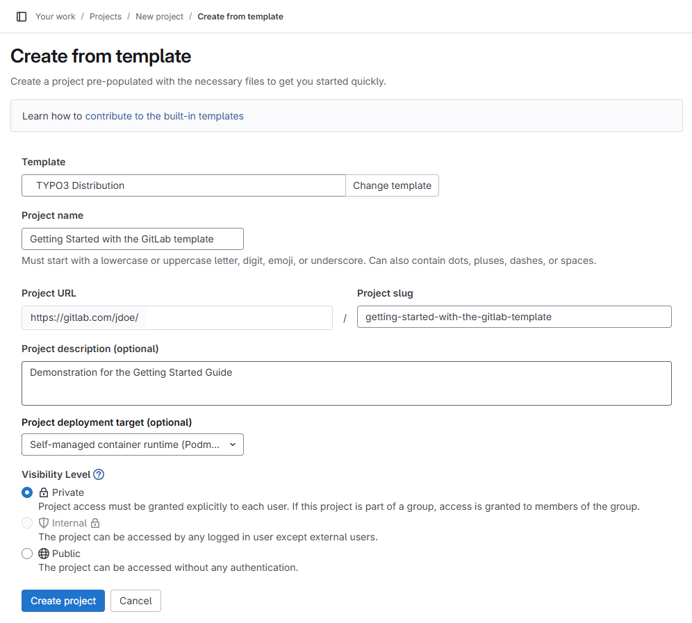 Detail page when creating a project from a template in GitLab