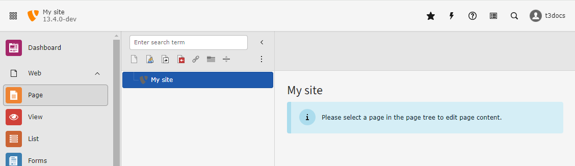 Screenshot of a fresh TYPO3 13.4-dev installation with no page in the page tree