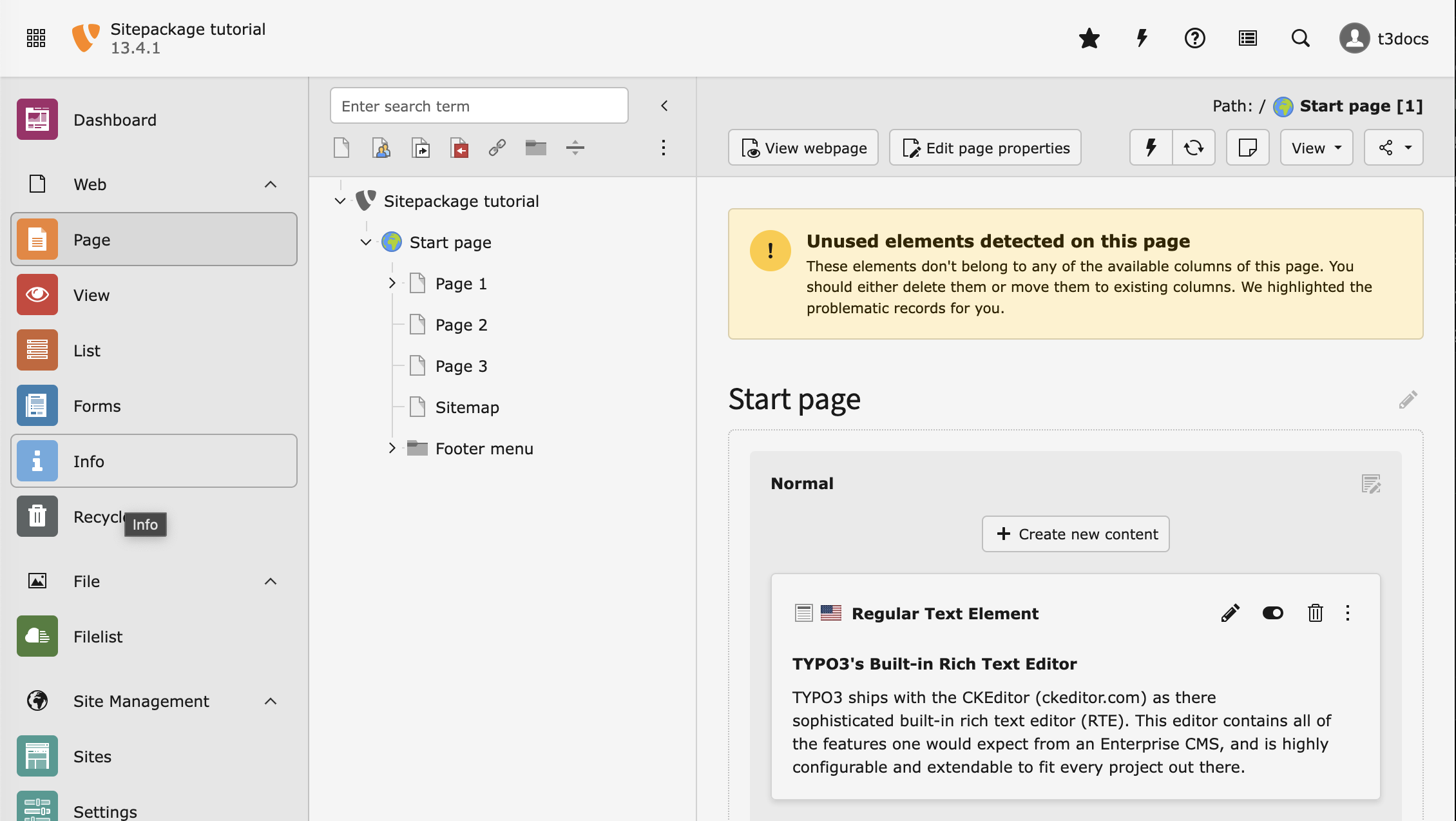 Screenshot of the backend module "Page" with the loaded example data