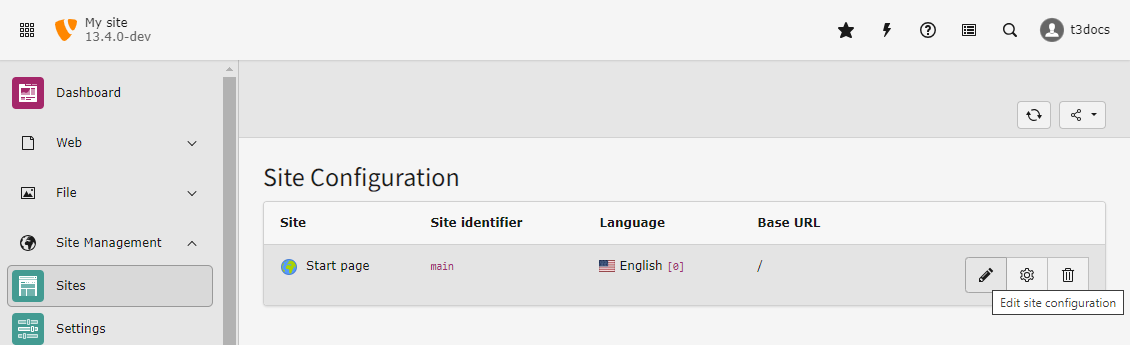 Screenshot of the backend module "Site Management"