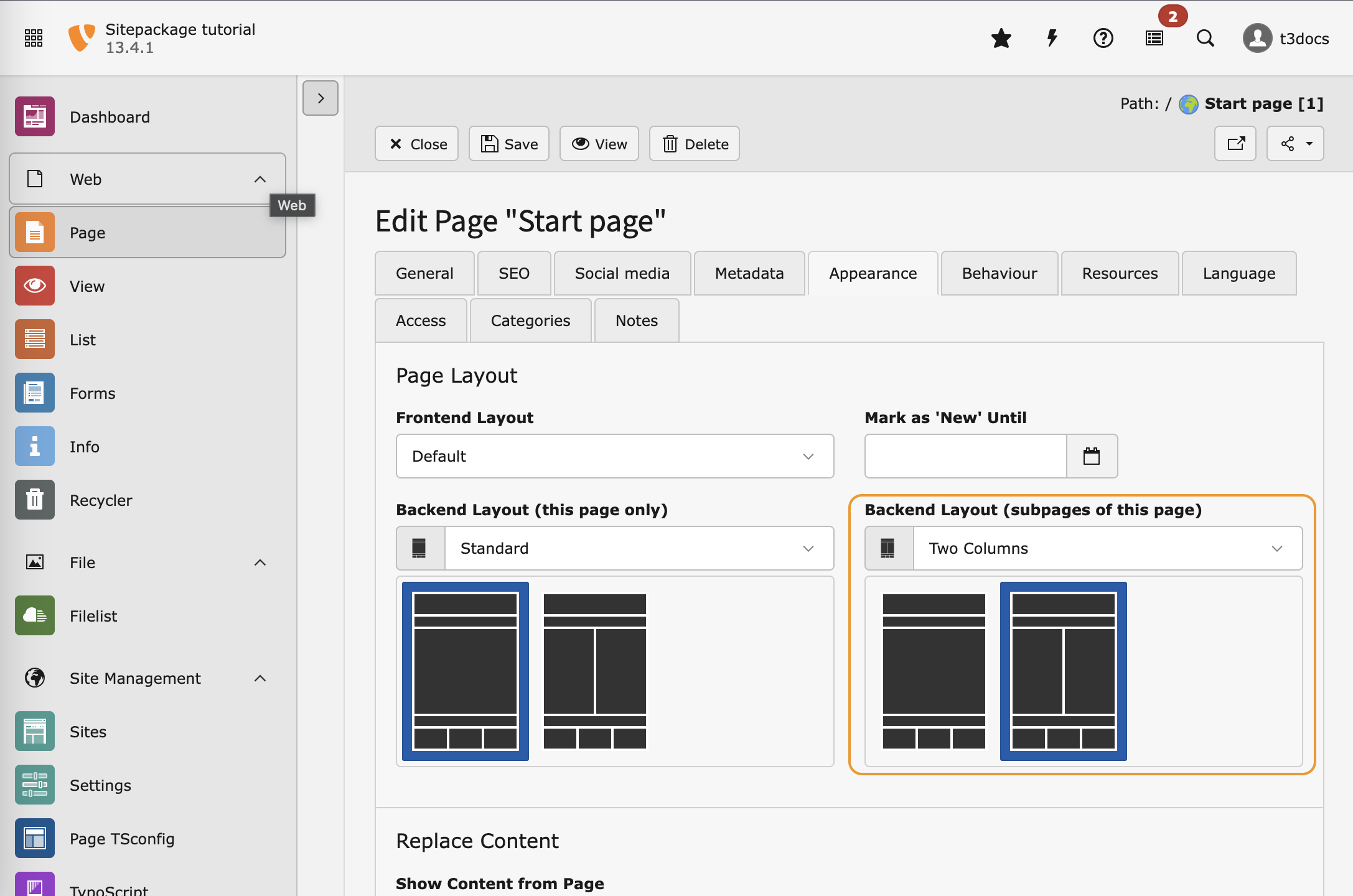 Switch to the Backend Layout "Two Columns" for subpages
