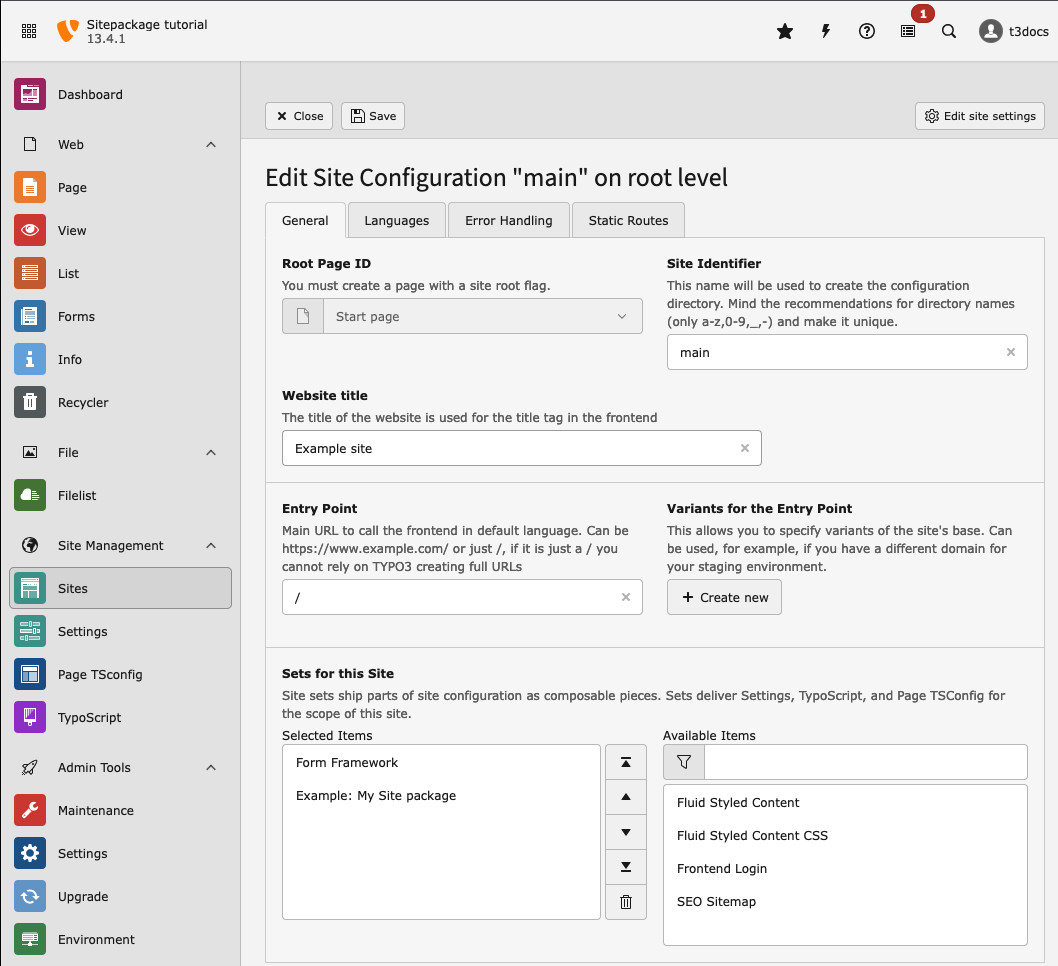 Screenshot demonstrating adding the "My Site package" to the site main
