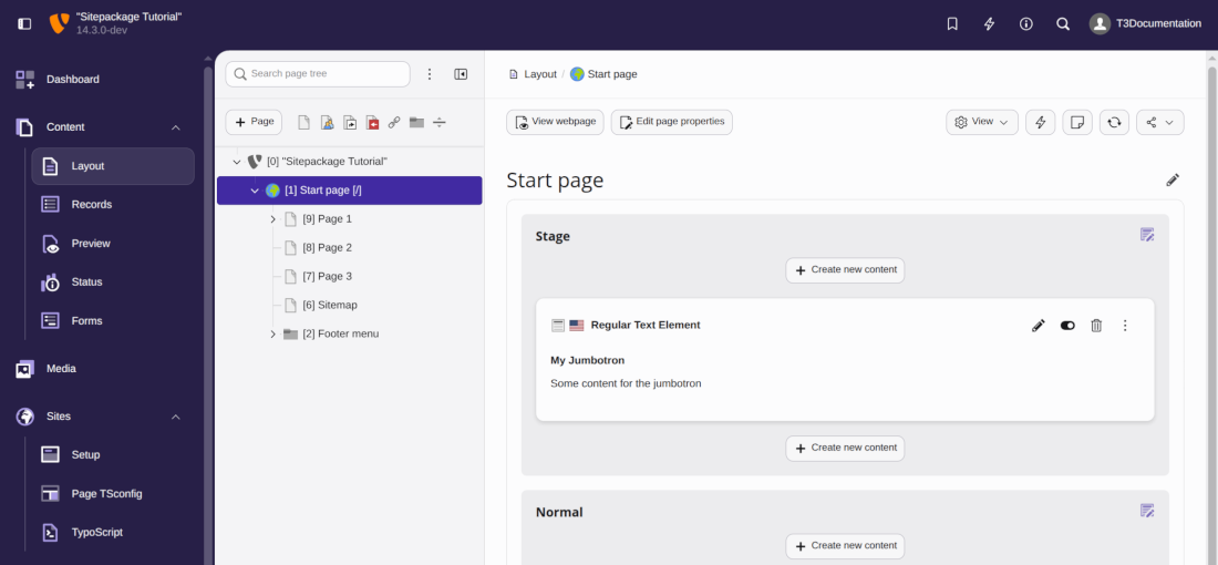 Screenshot of the backend module "Content > Layout" with the loaded example data