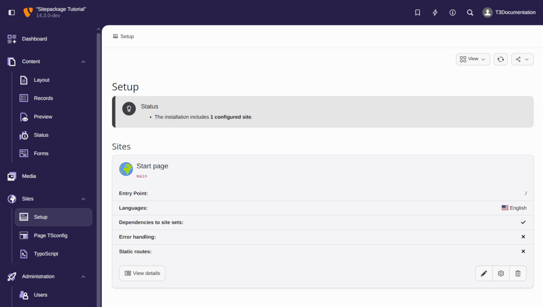 Screenshot of the backend module "Sites > Setup"