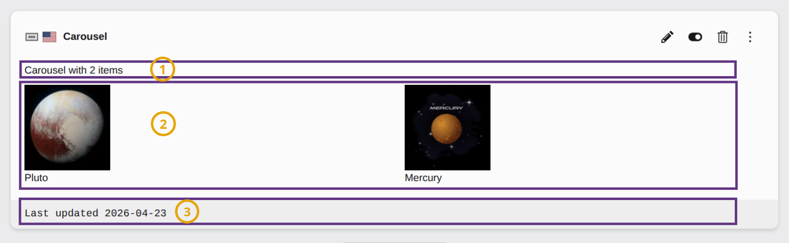 Screenshot of a Content Block in the TYPO3 Backend, demonstrating the sections of the backend preview