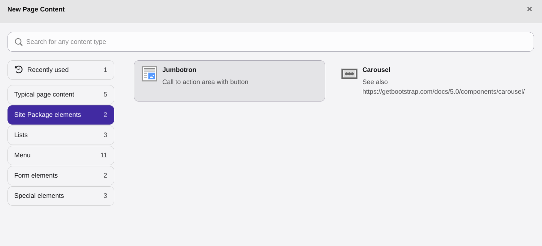 Screenshot of the "New Page Content" dialog with the Carousel and Jumbotron as additional features