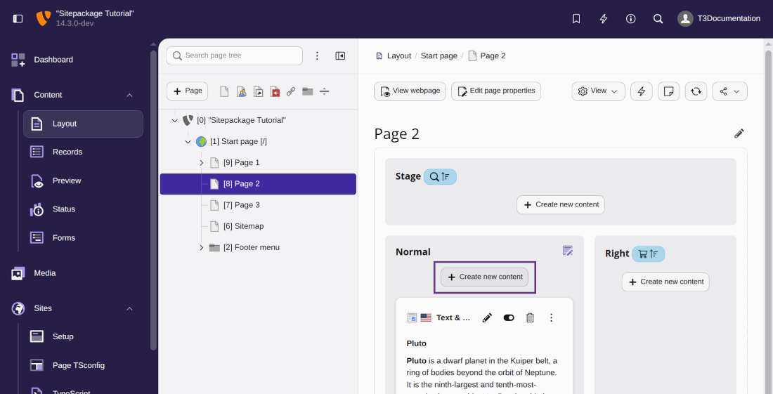 Create new content element