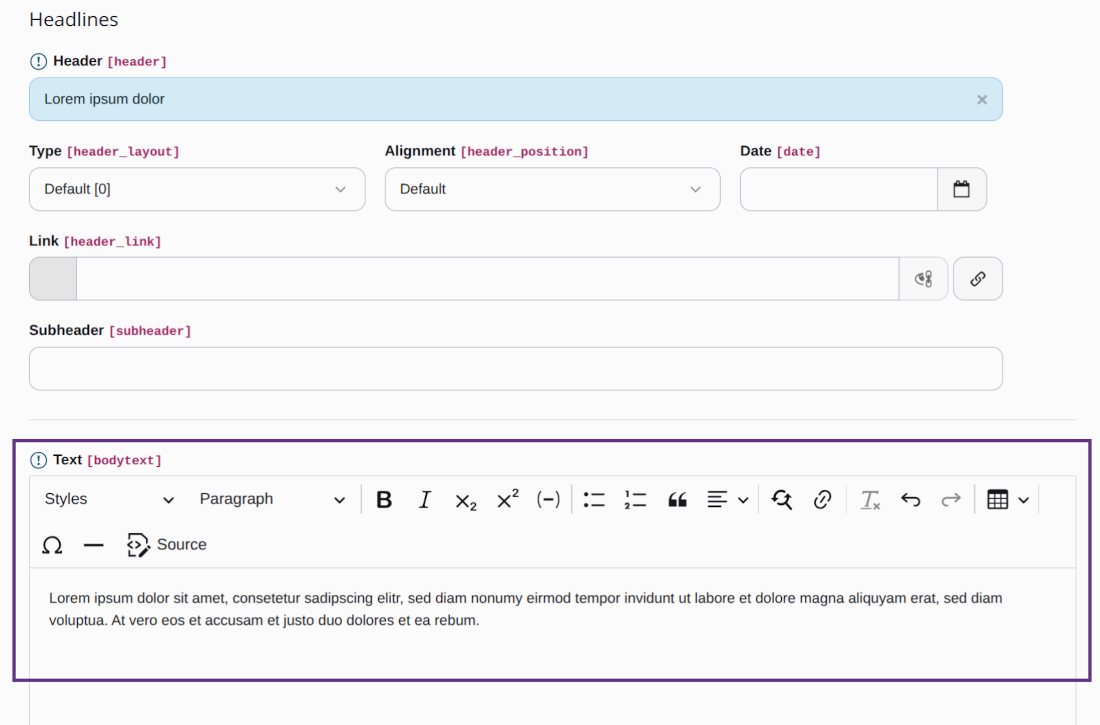Enter some arbitrary text in the Rich Text Editor (RTE)