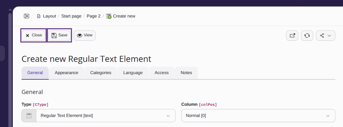 Save and close the new content element