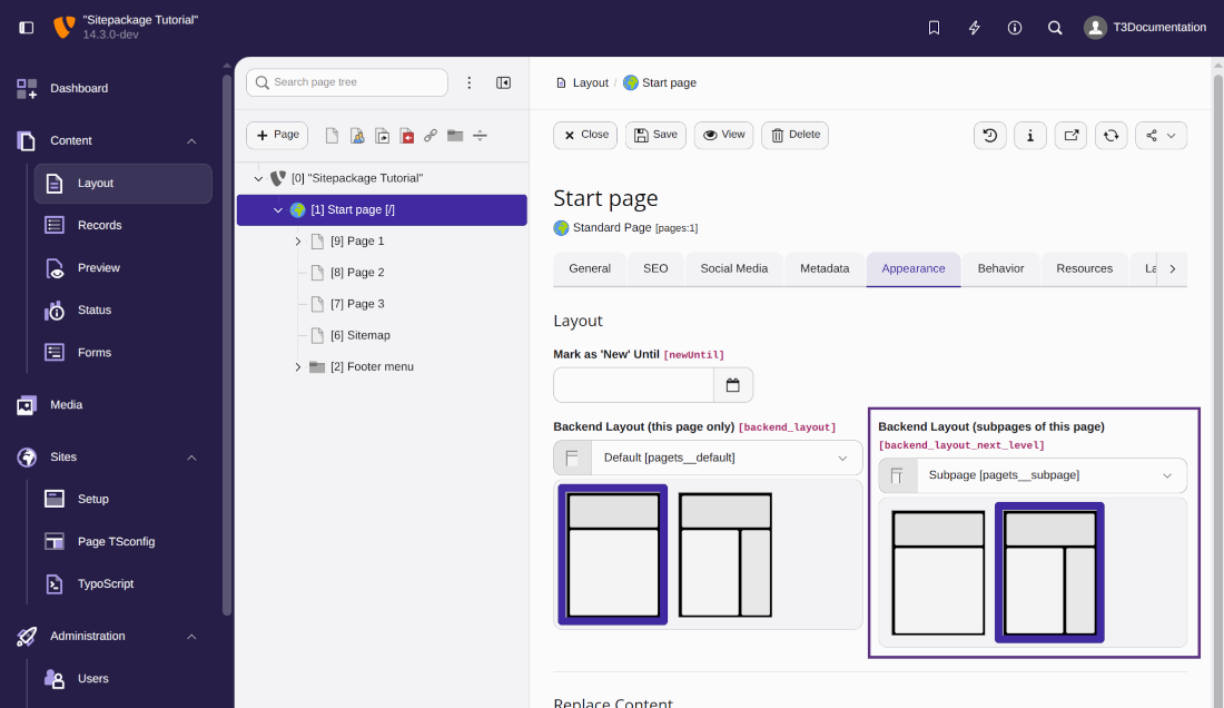 Switch to the backend layout "Subpage" for subpages
