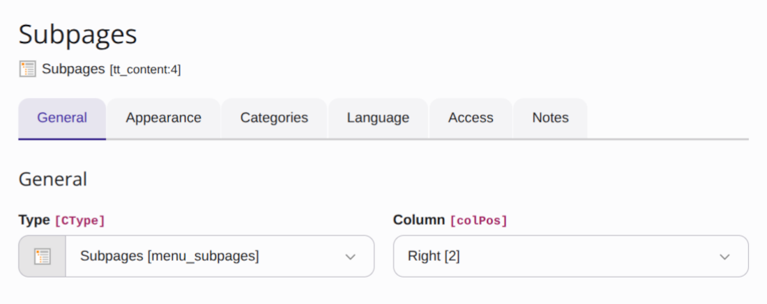 Screenshot demonstrating the backend debug mode for Content element "Subpages" on "Page 1"