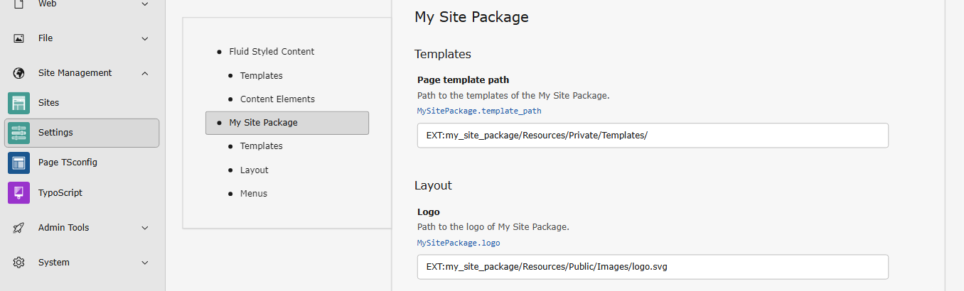 Screenshot of module "Sites > Setup > Site Settings" with the settings of the example site package open