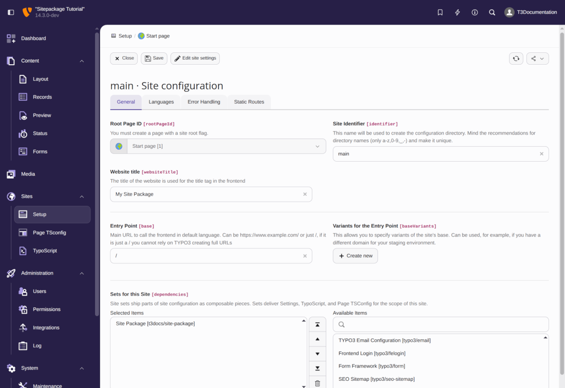 Screenshot demonstrating adding the "My Site package" to the site main
