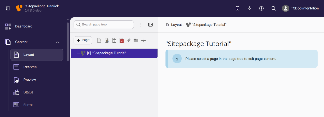 Screenshot of a fresh TYPO3 14.3-dev installation with no page in the page tree
