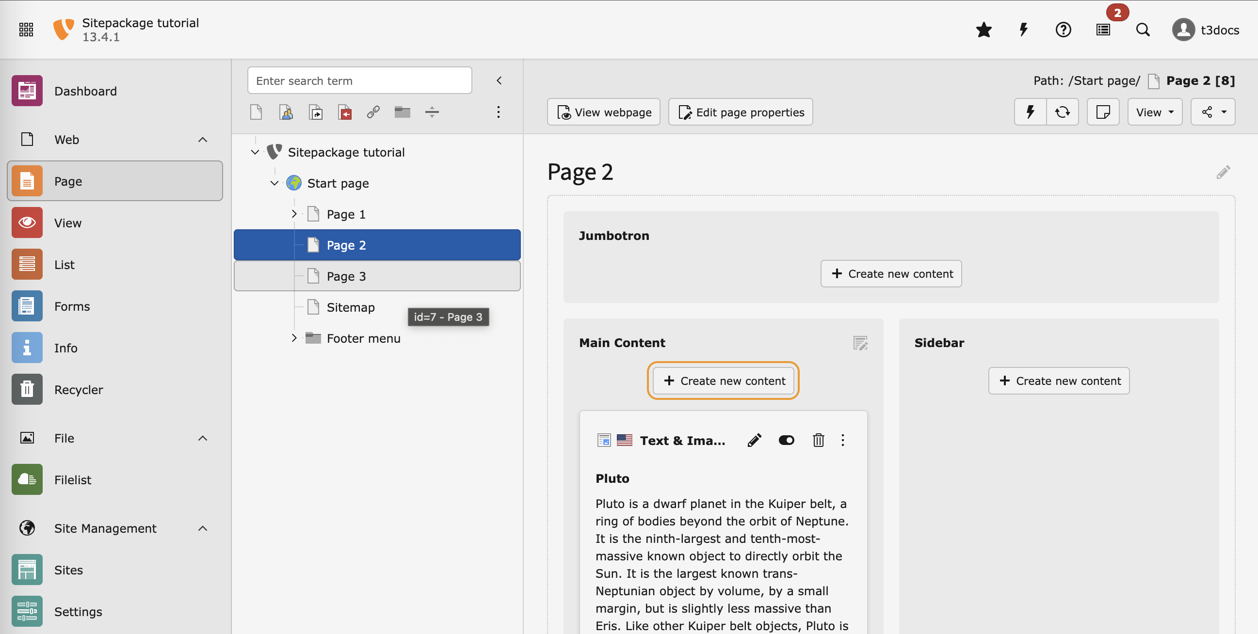 Create new content element